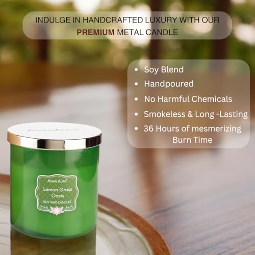 Asian Aura 3-Wick Soy Blend Aromatherapy Jar Candle | Smokeless Luxury Scented Candle for Home Decor, Events, Relaxation & Gifting | Long-Lasting Fragrance - Pack of 1 (Lemongrass)