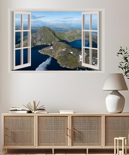 JVERF - JZZA25547 Norway Lofoten Mountains Lake Bukketindvatnet| Self-Adhesive Open Window Wall Sticker