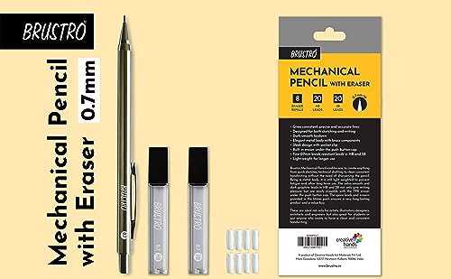 BRUSTRO Mechanical Pencil with Eraser 0.7mm Writing/Sketching/Drawing Spare leads HB-20 units. 2B-20 units Spare eraser- 8 units