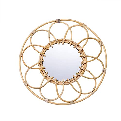 CALANDIS Rattan Round Makeup Mirror Bathroom Wall Hanging Mirror Art Bedroom Decors Inner Dia 18cm