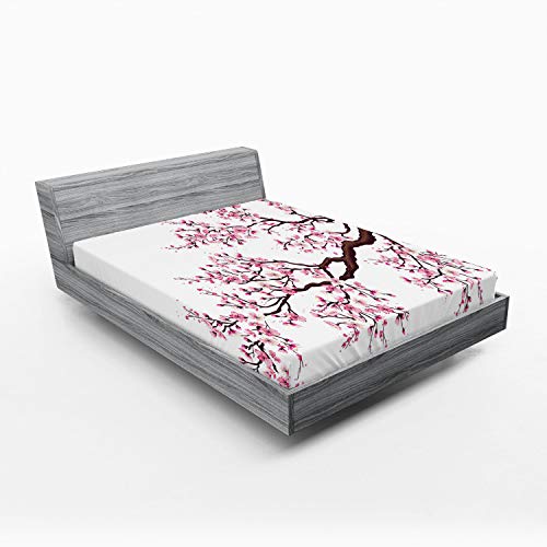 Ambesonne Japanese Fitted Sheet, Branch of a Flourishing Sakura Tree Flowers Cherry Blossoms Spring Theme Art, Bed Cover with All-Round Elastic Deep Pocket for Comfort, King Size, Pink Brown