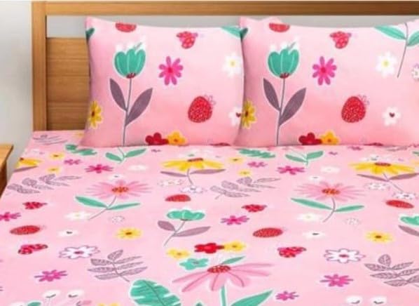 Vaastu Furnishings Skin Friendly Ultrasoft Prime Collection Printed Flat 1 Double Bedsheet with 2 Pillow Covers (Size 90 x 90 Inch) - Pink with Leaves Flowers Gold5