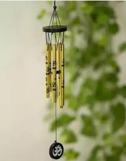 SDT Feng Shui Metal Wind Chimes with Om Printed on Five Pipes for Good Luck (Golden)