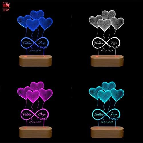 Artistic Gifts Personalized 3D Illusion LED Table Lamp | Heart Shape Customized Name Lamp for Couple Gift Anniversary, Wedding, Marriage, Valentine Day- Wooden Base, Multicolor Light. Design 5