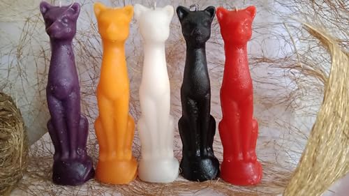 THE REMEDIAL STORE Cat Figure Spell Candle | Ritual Candle | Wicca Spells Candle | Great for Halloween, Birthdays Combo (Pack of 5, Yellow, Purple, Red, White & Black)