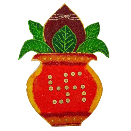 Ready Rangoli Cutouts - Elevate Your Rangoli with Zero Efforts - Kalash with Traditional Green Leaves and Coconut - Set of 2- Customization Available in Colour (Yellow/Orange/Red)