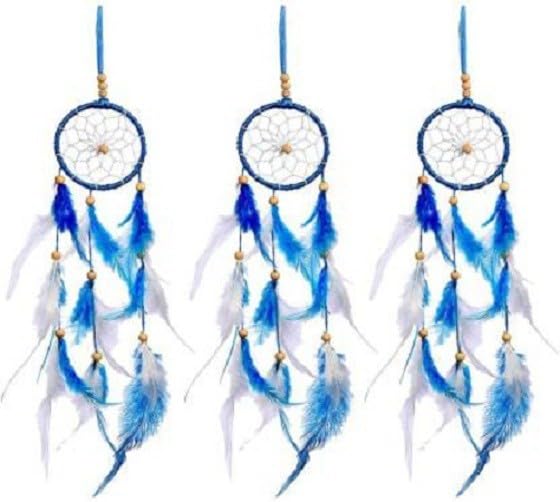 Small Dream Catcher Wall Hanging for Room and Car Feather, Wool Windchime (6 inch, Blue, White) BZ_BW110