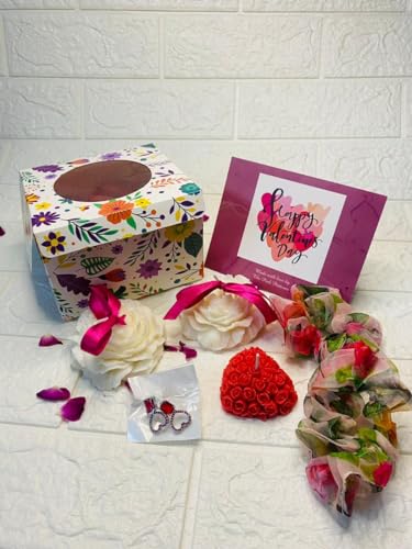 The Pink Patterns Valentines Day Gift Hamper for Her- Heart/Flower Shape Candles with Earrings, Scrunchies and Card | Rose Fragrance SOYA Wax Candles | Special Love Combo