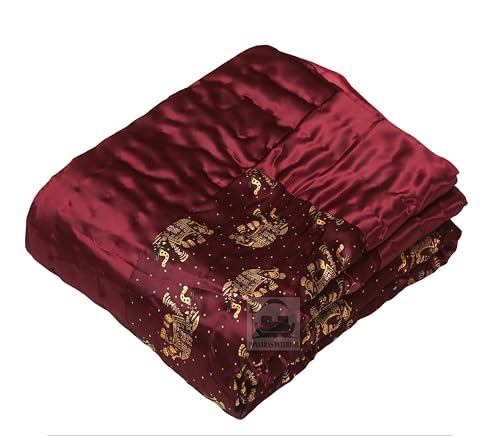 PINAARAS INTERIOR Cotton Filled Light Weight Silk Jaipuri AC Quilt/Razai Gold Print Jaipuriya Rajai/Razzai - (Animal Print, Maroon Elephant Single Bed Set of 2)