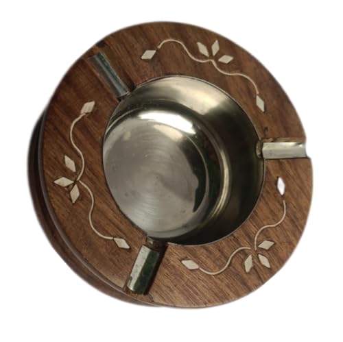Indian trust arts Wooden Ashtray with Inlay Design, Round Shape, steel Insert,for Home Office Car Gifts,Brown