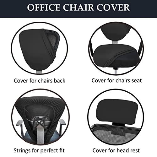 HOTKEI 3 Piece Black Office Chair Cover with Headrest Cover Stretchable Removable Stain Proof Office Computer Desk Executive Rotating Chair Seat Covers Slipcover Protector for Office Chair