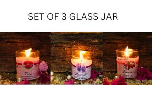 BECKON VENTURE Set of 3 Glass Jar Candle 8-10 Hours Burning Time Scented Candles for Home Decoration - Fragrance Candles for Bedroom- (BVglassjarroselavenderstrawberryso3)