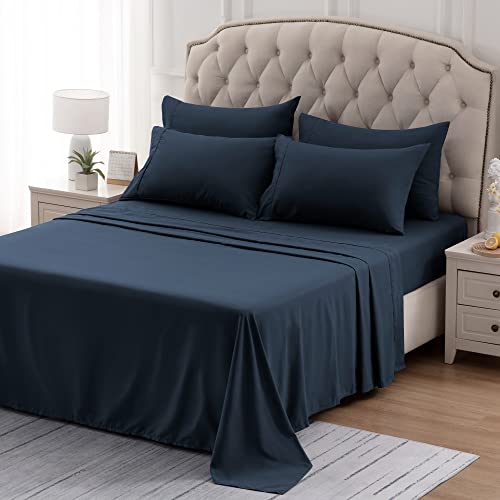 SLEEP ZONE Bed Sheet Sets Temperature Regulation Soft Wrinkle Free Fade Resistant Easy Sheets 4 PC, Navy Blue,King