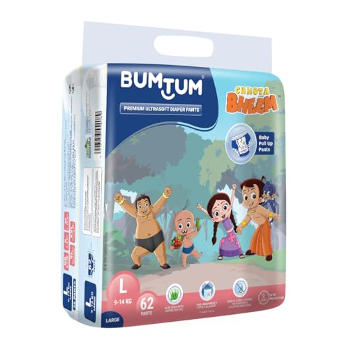 Bumtum Chota Bheem Large Baby Diaper Pants, 62 Count, Leakage Protection Infused With Aloe Vera, Cottony Soft High Absorb Technology (Pack of 1)