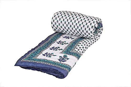 PINAARAS INTERIORS Jaipuri Razai Single Bed Rajsthani Traditional Hand Stitched Light Weight Pure Cotton Winter and Summer Jaipuri Ac Quilt Razai/Rajai/Blanket/Comforter (Blue, 55 X 85 Inches)