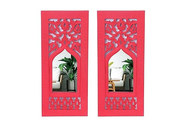 UNIVOCEAN-Wood Painted Wall Hanging Jharoka Inside Mirror, Wooden Wall Hanging, Wooden Wall Panel (Red) (17x7.5) inch, Set of Two