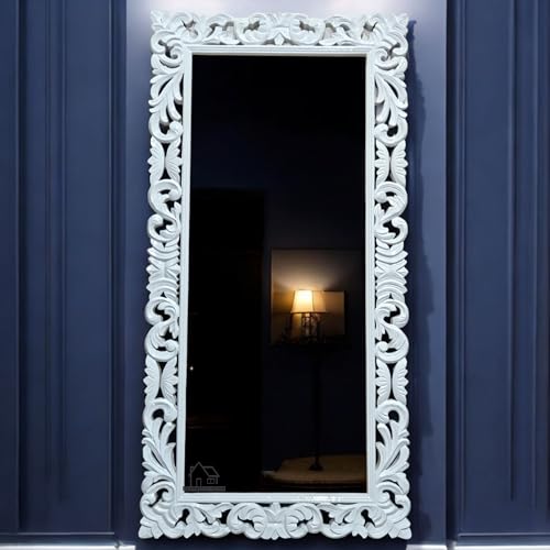 AESTHETIC DECOR Wooden(4x2.5) ft Carved Wall Mirror Frame Solid Mango Wood, | with Out Mirror | Crown Pattern White Deco