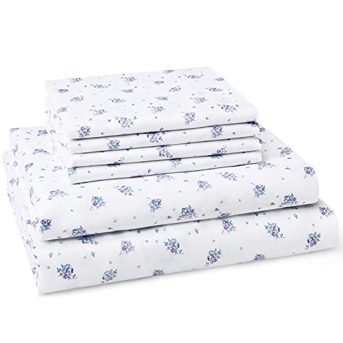 BYSURE Purple Floral Printed Bed Sheets 6 Pieces Set (Queen, 4 Pillowcases & 1 Fitted Sheet & 1 Flat Sheet), Lilac Flower Pattern Sheet, 15" Deep Pocket Fade-Free Bedding