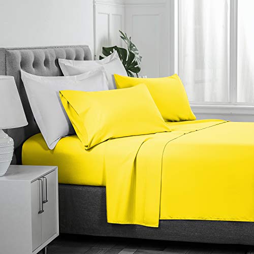 Queen, Yellow : Luxe Bedding Bed Sheet Set - Brushed Microfiber 2000 Bedding - Wrinkle, Fade, Stain Resistant - Hypoallergenic - 4 Piece - Unique Christmas Presents for Family (Queen, Yellow)