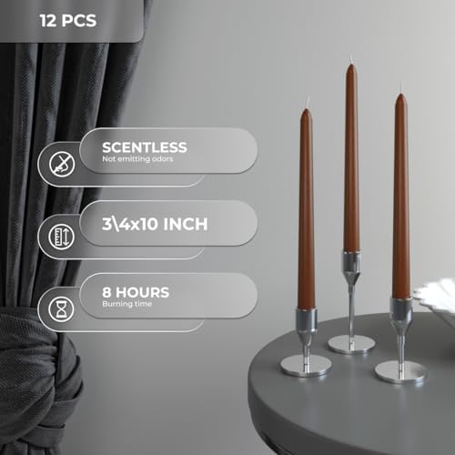 CANDWAX 10 inch Taper Candles Set of 12 - Dripless Tapered Candles and Unscented Candlesticks - Perfect as Dinner Candles and Household Candles - Brown Candles for Home Decor