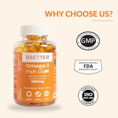 BBETTER Omega 3 Fish Oil Capsules For Heart, Joints & Brain Health, Fish Oil Omega 3 capsule 1000mg for Women & Men 180 mg EPA 120 mg DHA -60 Softgels