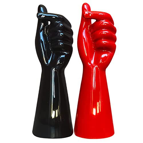 Xtore Hand Shape Ceramic Vase Artificial Flowers Pot (Black and Red, Pack of 2)