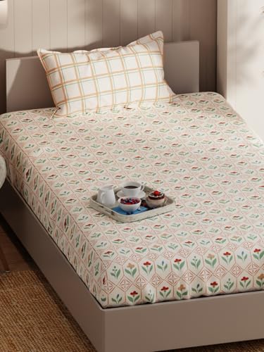 KOPA Extra Smooth Micro Single Bedsheet with 1 Pillow Covers -2pc Set (bio-Soft Cotton Feel) | Extra Smooth Cotton Feel - Glace Cotton | 1 Bedsheet with 1 Pillow Covers Floral-Beige/Sand