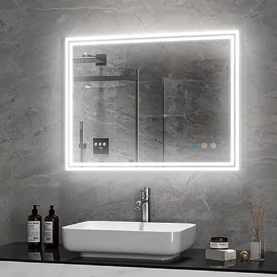 BUNGALOW MERCER Modern Mirror for Wall, Bathroom Vanity Mirror, Wall-Mounted Mirror, Anti-Fog Dimmable Lights Makeup Mirror | (36x24)