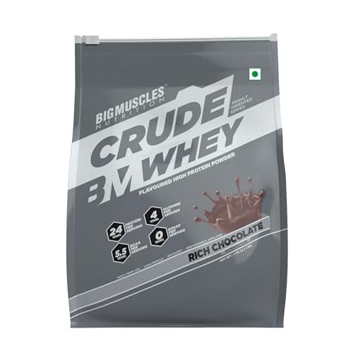 Bigmuscles Nutrition Crude Whey - 1 kg (Rich Chocolate) | US FDA REGD. BRAND | Whey Protein Concentrate 80%, 24g Protein, 5.5g BCAA, 4 g Glutamine