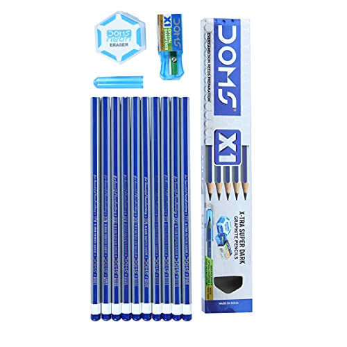 DOMS X1 Xtra Super Dark Pencils Box Pack|Hexagonal Shape For Easy Holding&Comfort|Free Eraser|Scale&Pencil Cap Inside|Dark&Neat Handwriting|Pack Of 10 Pencils|Black