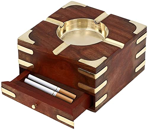 Eversky 01 Handicraft Large Decorative Wooden Ashtray with Cigarette Storage Case Box 4.5" x 2.5"