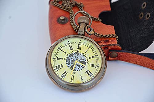 Handmade Roman Dial Antique Brass Clock with Chain and A Brown Leather Case