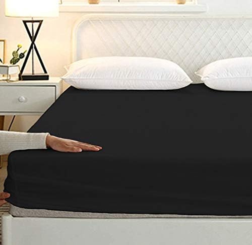 LINEN SHEETS 600 TC All Around Elastic Fitted Bedsheet 3 PC Set- Extra Soft & Easy Fit- 100% Cotton Fitted Bedsheet with 2 Pillow Cover- 10" Deep Pocket Fitted-Black Solid,Single Size