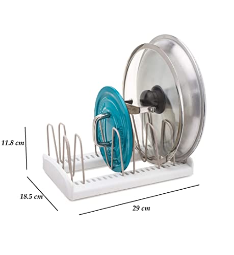 INOVERA (LABEL) Kitchen Lid Pan Dish Rack Holder Adjustable Cabinet Storage Organizer, White, Plastic & Alloy Steel, Tiered Shelf