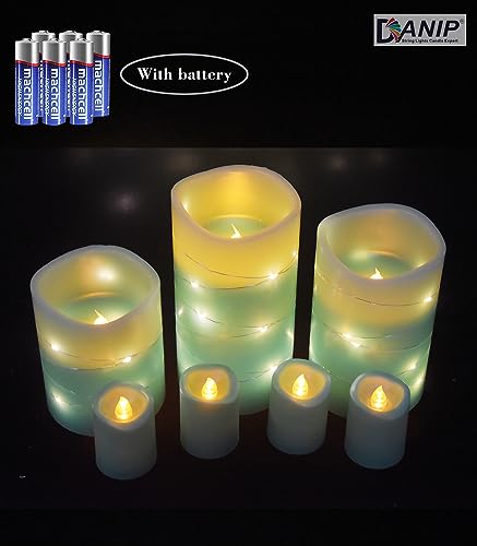 DANIP Green LED flameless Candle with Embedded Star String, 3+4-Piece Set of LED Candles, with 11 Button Remote Control, 24-Hour Timer Function, Flashing Flame, Real Wax, Battery Powered.