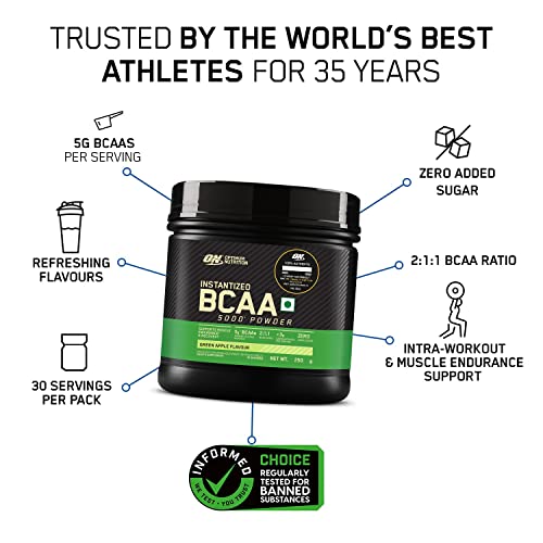 Optimum Nutrition BCAA, 5g BCAAs in 2:1:1 Ratio, 30 servings, For Muscle Recovery & Endurance, Intra workout, Informed Choice certified (250gm, Green Apple)