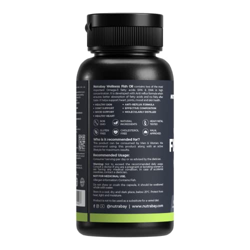 Nutrabay Wellness Omega 3 Fish Oil - 60 Capsules,180 mg EPA & 120 mg DHA for Healthy Brain, Heart, Eyes & Joints - 1000mg