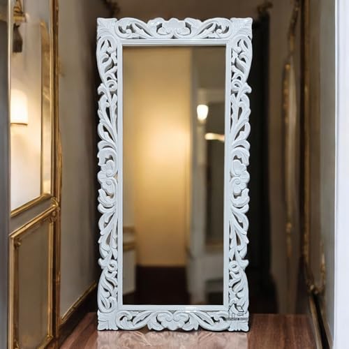 aesthetic decor Wooden Carved Wall Mirror Frame Solid Wood, | with Out Mirror | Crown Pattern ((5x2.5) White Deco