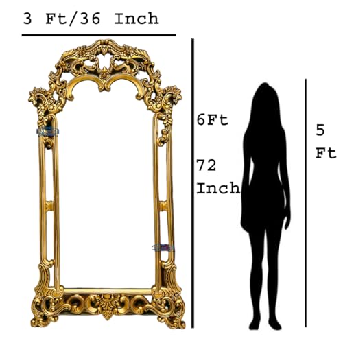 A.M INTERNATIONAL Wooden Carved Wall Mirror Frame Solid Wood, Antique Gold Finish | with Out Mirror | Size 6 * 3 ft