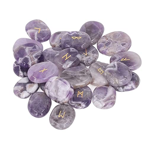 Stones Set, Natural Rune Stones Set Smoother Engraved Fine Polishing with Storage Bag for Gift (Amethyst)