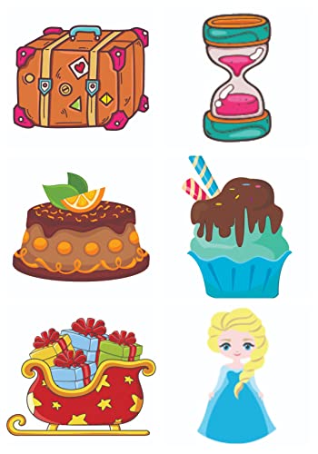 Bhai Please Travel Luggage, Sand Timer, Chocolate Cake, Icecream Cake, Sleigh and Elsa Wooden Fridge Magnet (Pack of 6 pcs, one pc Each Design)