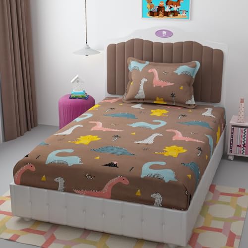 STELLAGEM 200 TC 100% Polycotton Cartoon Printed Supersoft Bedsheet Kids Room Elastic Fitted Single Bed with 1 Pillow Covers Soft/Breathable Wrinkel Free -48x72 Inches -Coffee