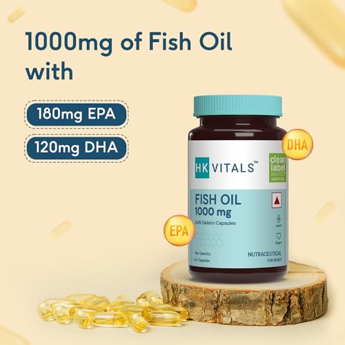 HealthKart HK Vitals Fish Oil Capsule For Men And Women, 60 Omega 3 Fish Oil Capsules (1000mg Omega 3 with 180 mg EPA & 120 mg DHA), for Brain, Heart, Eyes, and Joints Health