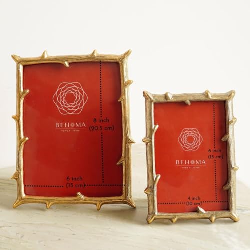 BEHOMA Golden Elegant Metal Twig Designer Photo Frame - Perfect for Home Decor, Table Decor, Gifting Purpose (4x6 Inches) (Small) & (6x8 Inches) (Large) Set of 2