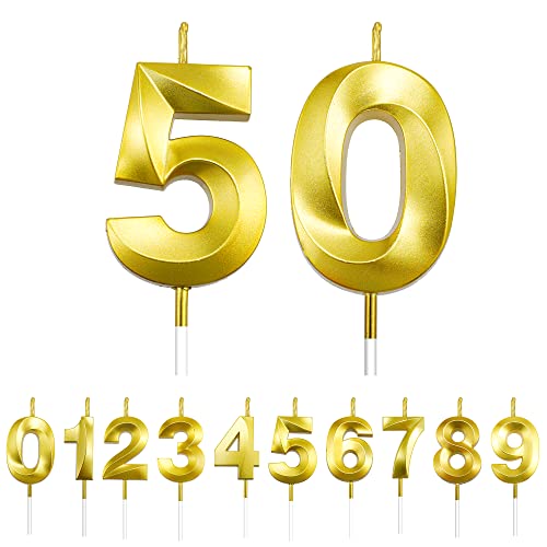 50th Birthday Candles Gold Number Candles 50 Happy Birthday Candles for Cake 3D Design Numeral 50 Cake Topper Sparklers Candles for Men Women Birthday Anniversary Wedding Party Celebration Decoration