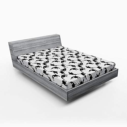 Lunarable Orca Fitted Sheet, Grampus Killer Whale Repeating Pattern in Doodle on Plain Backdrop Print, Bed Cover with All-Round Elastic Deep Pocket for Comfort, Queen Size, Charcoal Grey and White