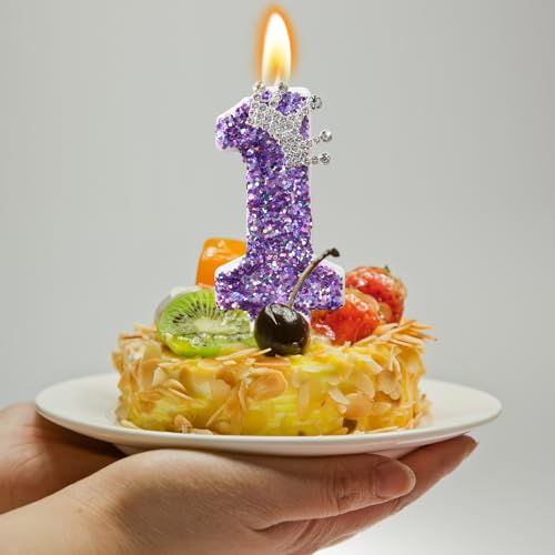 Birthday Number Candles,Purple Crown Birthday Candles for Cake,Glitter Number 12 Candle Cake Topper with Sequins for Anniversary Celebrations Supplies (Number 12)