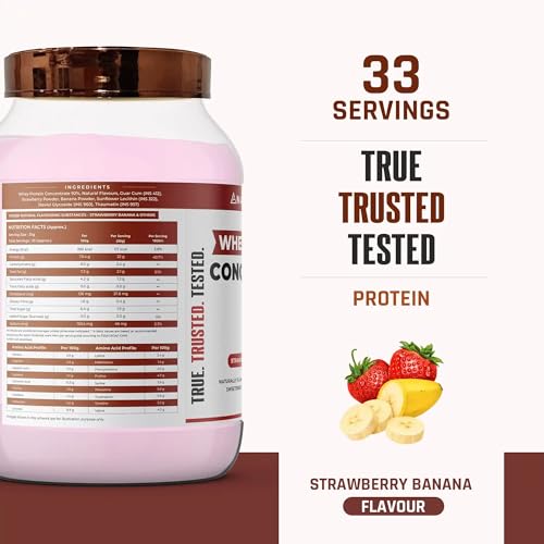 NATURALTEIN Natural Whey Protein Concentrate Strawberry Banana - 1 kg (Naturally flavored, Non GMO, No Artificial Sweeteners)