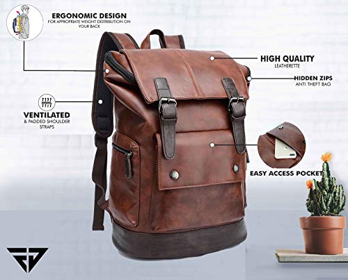 FUR JADEN Brown Leatherette Anti Theft Casual Laptop Backpack with 15.6 Inch Laptop Pocket