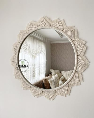 ARSHLAZA Macrame Wall Hanging with Fringe Round Mirror for Living Room, Off- White (M117)